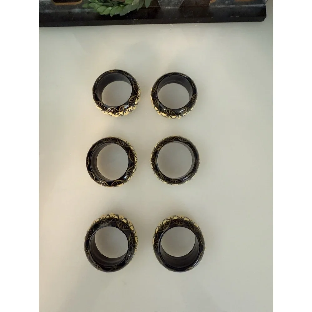 Vintage Set 6 Papier Mache Dotted‎ Napkin Rings Wood Hand Painted Circa 1970 EUC